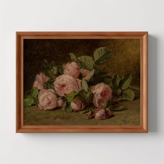 Vintage Pink Roses Still Life Classic Oil Painting Wall Poster