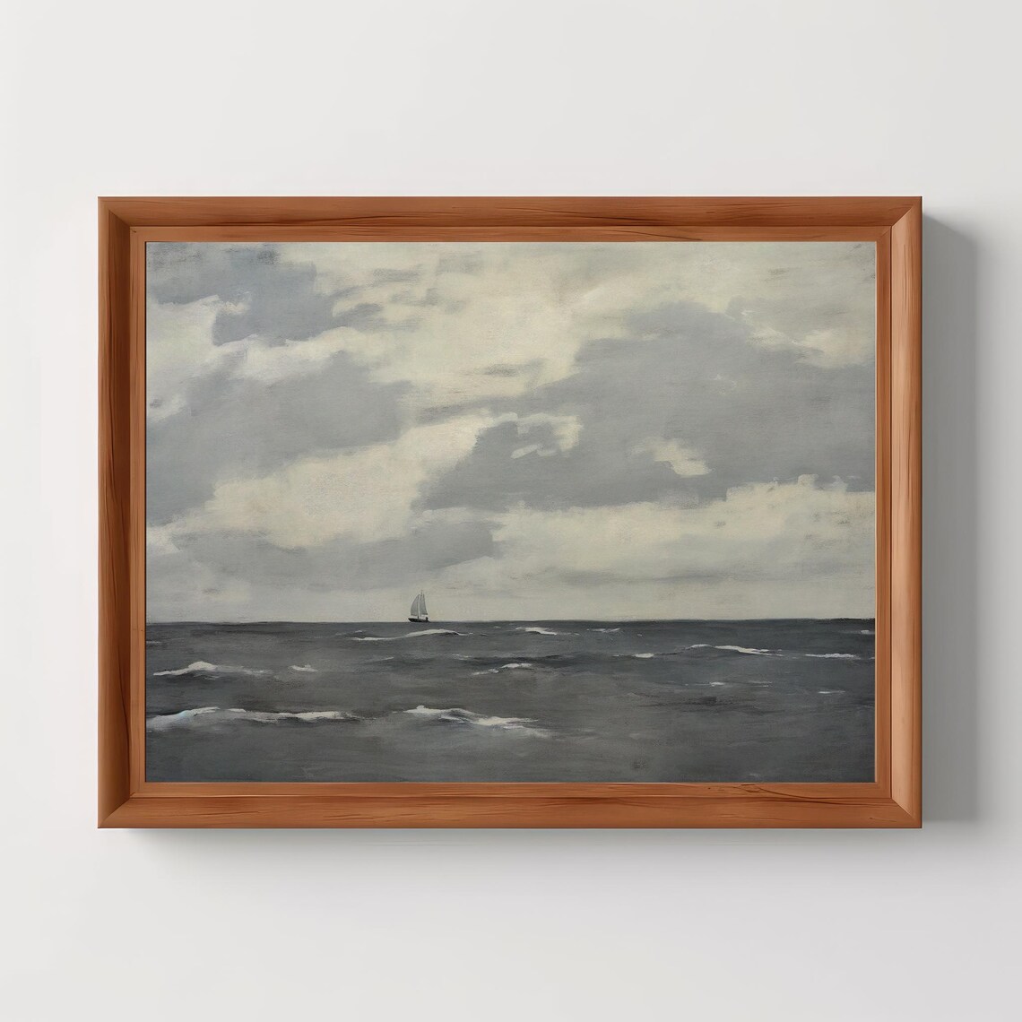 Lone Sailboat On The Moody Dark Sea Vintage Seascape Wall Print