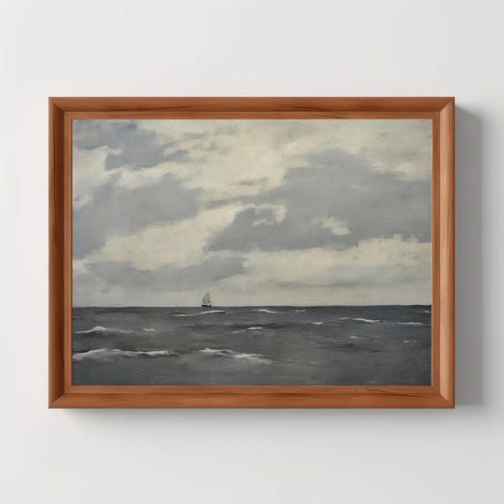 Lone Sailboat Print Vintage Lake House Coastal Painting Moody Wall Art Muted Blue Seascape
