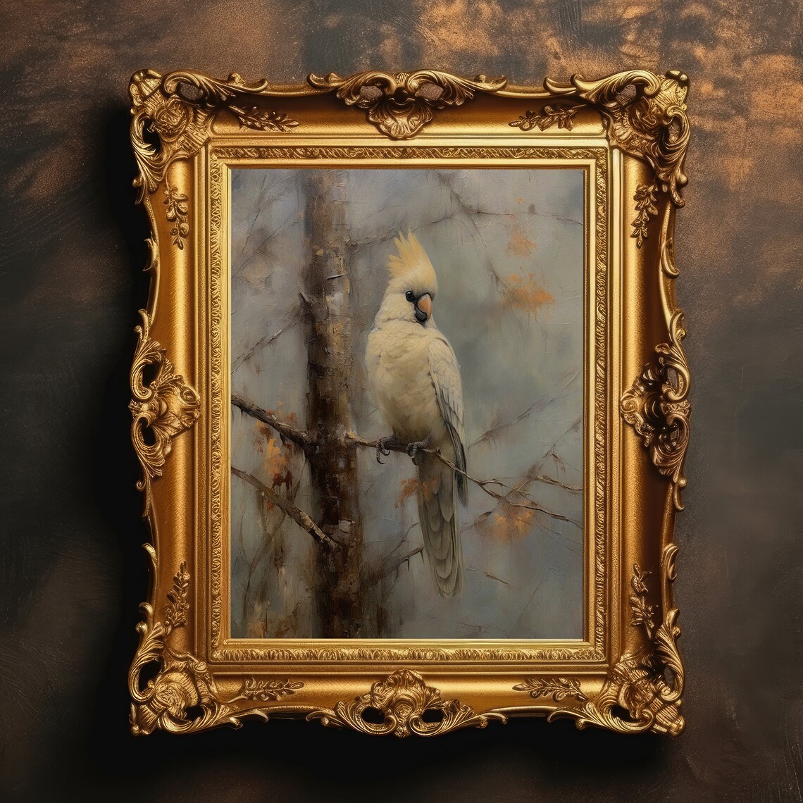 White Cockatiel on Branch Misty Vintage Bird Oil Painting Poster