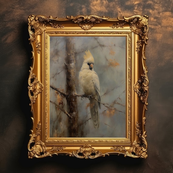 White Cockatiel on Branch Misty Vintage Bird Oil Painting Poster
