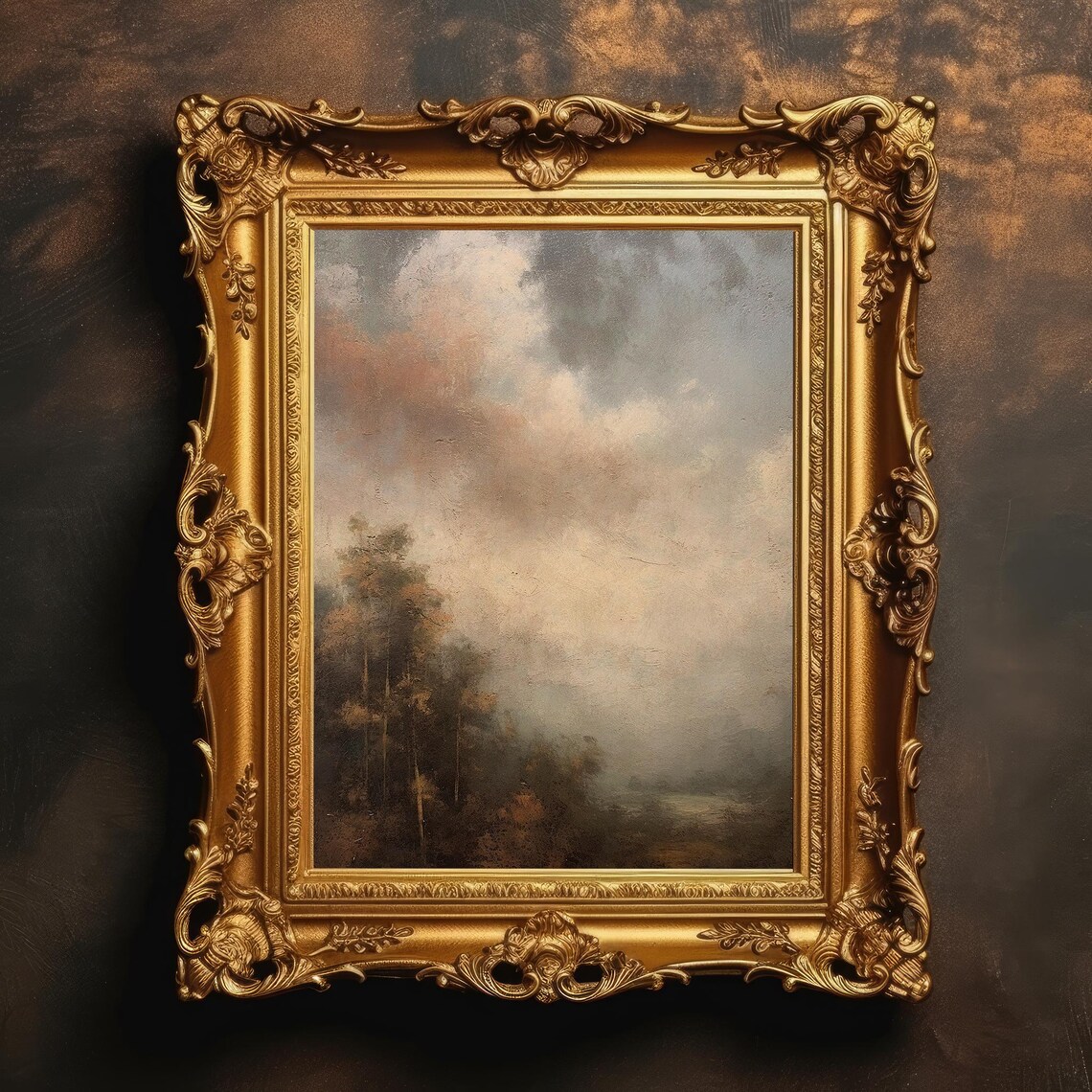 Misty Fog Forest Landscape Vintage Moody Oil Painting Wall Print