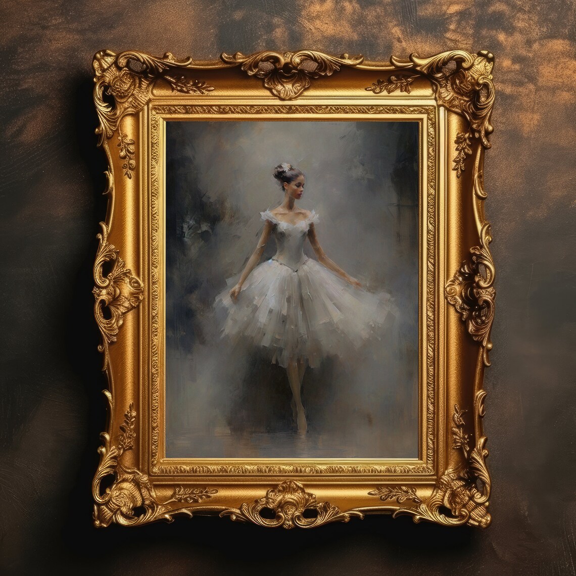 Ballerina in White Tutu Moody Vintage Dark Academia Oil Painting Wall Art