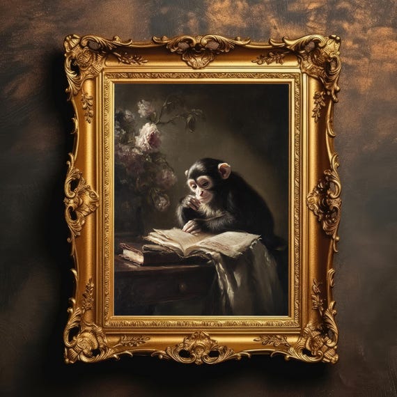 The Scholar Monkey Dark Academia Art Vintage Animal Painting Antique Funny Wall Victorian Decor
