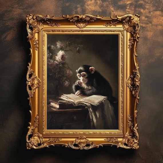 The Scholar Monkey Reading Book Dark Academia Vintage Poster