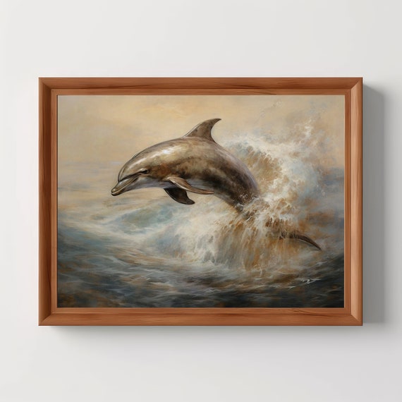 Dolphin Vintage Sea Life Print Coastal Wall Decor Ocean Seaside Art Nautical Scene Moody