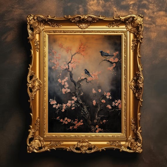 Gothic Spring Landscape Dark Academia Vintage Bird Painting Cherry Blossoms Print Ethereal Home Decor