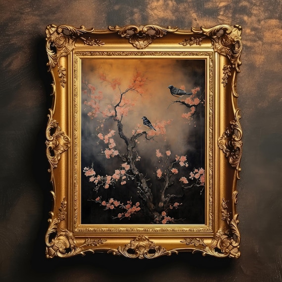 Songbirds On Cherry Blossoms Moody Vintage Painting Wall Art