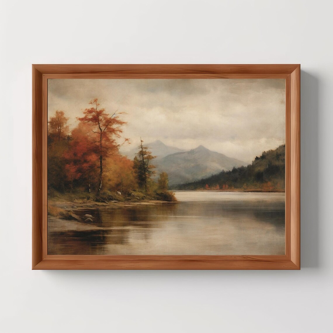 Moody Autumn Lakeside Mountain Landscape Vintage Oil Painting Travel Poster