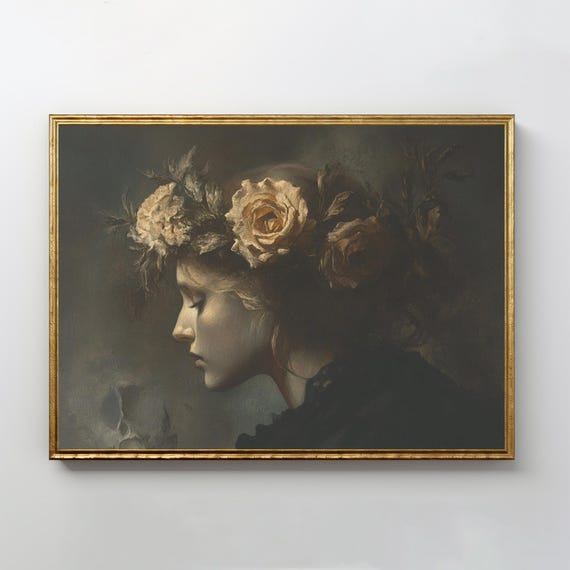 Ethereal Portrait Woman With Roses Dark Academia Gothic Room Decor Moody Wall Art Vintage Oil Painting