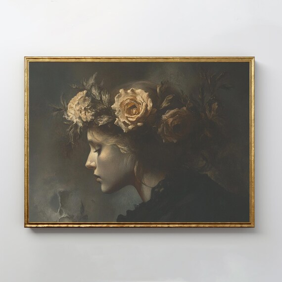 Ethereal Woman with Rose Crown Dark Academia Oil Painting Poster