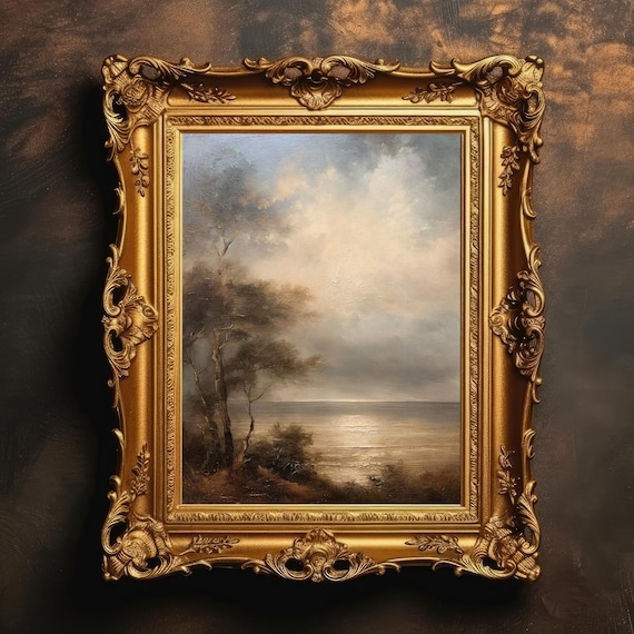 Vintage Coastal Trees Above Moonlit Sea Oil Painting Wall Art