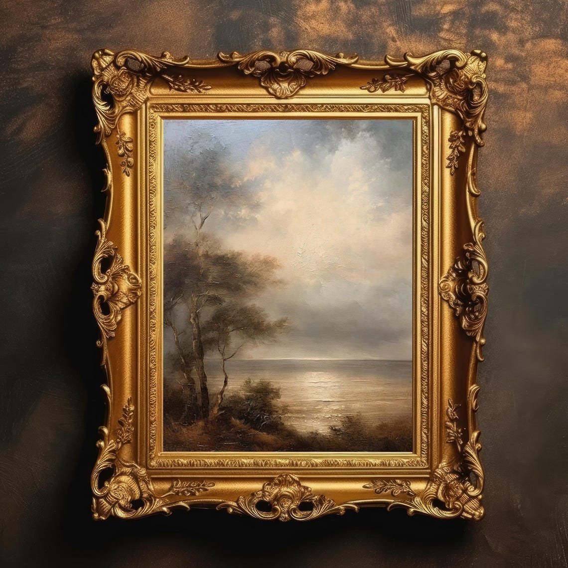 Vintage Coastal Trees Above Moonlit Sea Oil Painting Wall Art