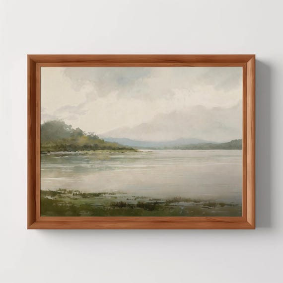 Serene Riverbank Landscape Vintage Watercolor Painting Muted Green Wall Art Moody Lake Print