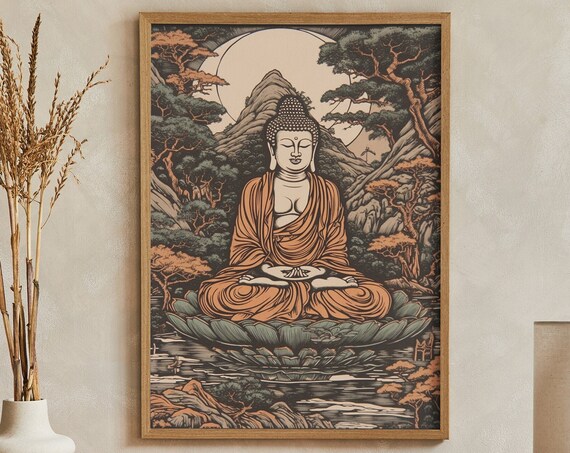 Serene Buddha Meditating On Lotus Under Full Moon Japanese Style Poster