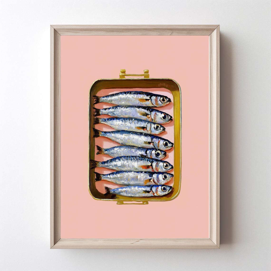 Tinned Sardines Pink Background Retro Kitchen Painting Poster