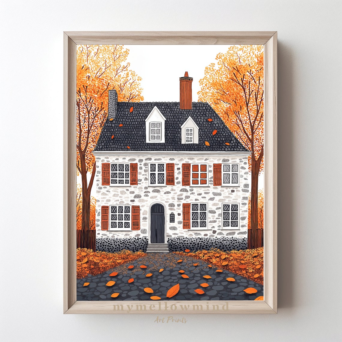Cozy Stone Cottage Surrounded By Autumn Foliage Illustration Poster