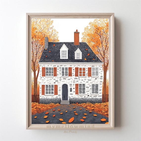 Cozy Fall Wall Art Print Charming Autumn Cottage With Foliage Stone House Illustration