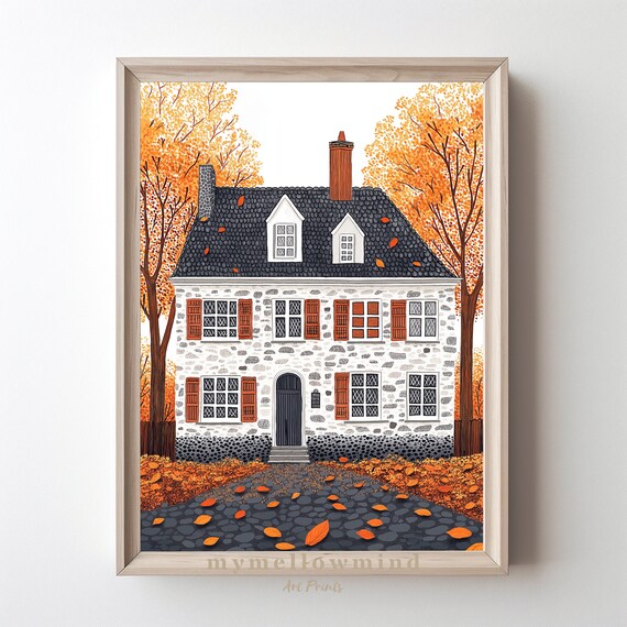 Cozy Stone Cottage Surrounded By Autumn Foliage Illustration Poster