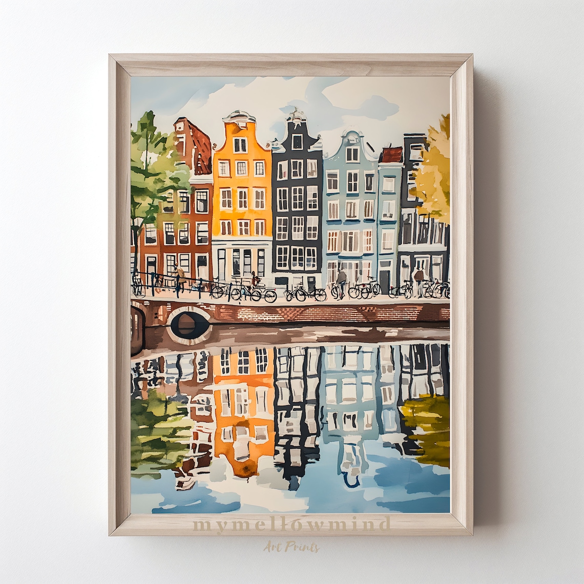 Amsterdam Canal Houses Bicycles Watercolor Dutch Cityscape Art Print