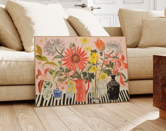 Bright Abstract Flowers Art Print, Funky Floral Decor
