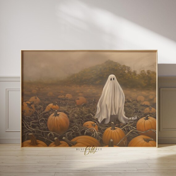Ghost Art Print Halloween Wall Art Sheet Ghost In Pumpkin Patch Print Moody Spooky Eerie Vintage Style Painting Art