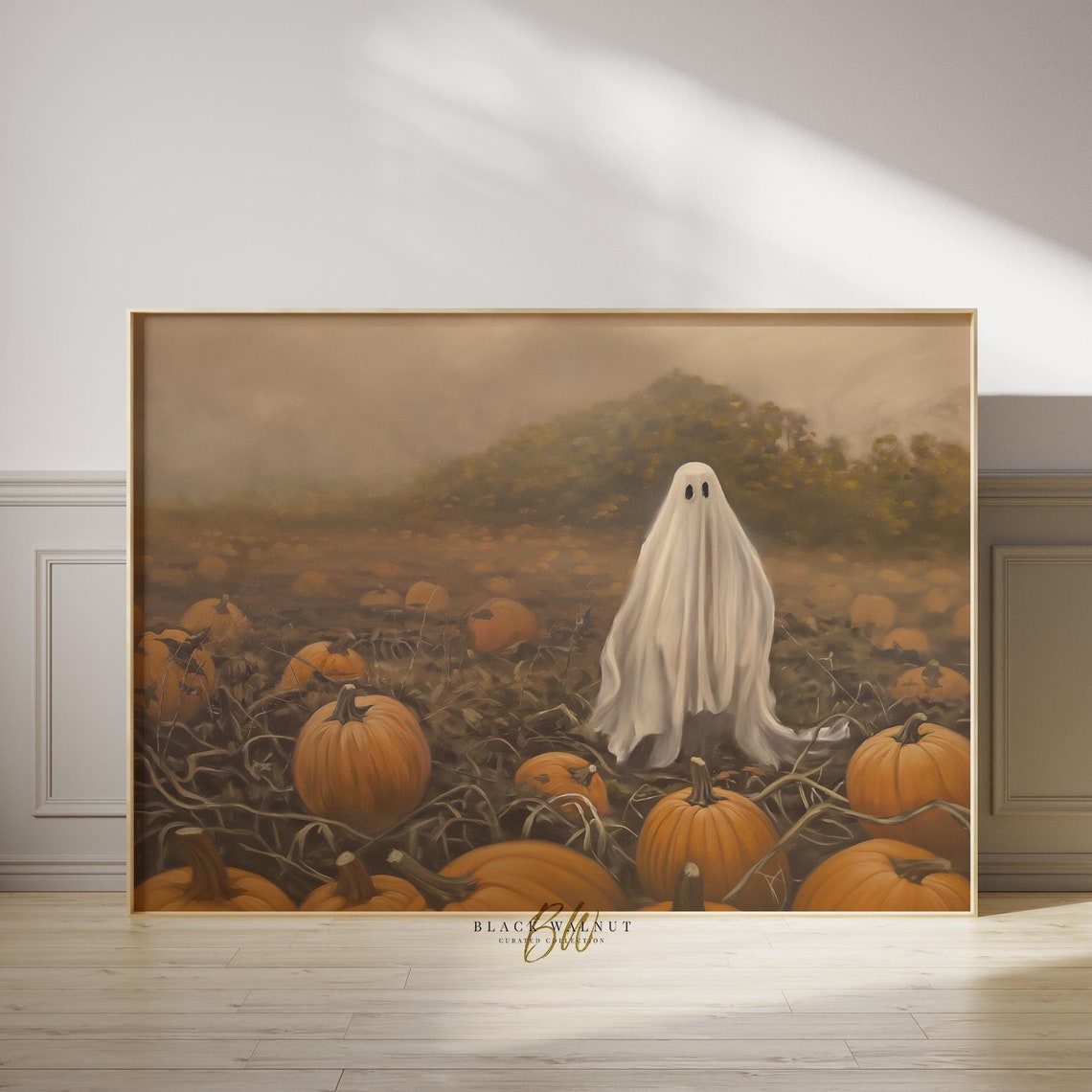 Sheet Ghost In Pumpkin Patch Misty Autumn Vintage Halloween Art Print