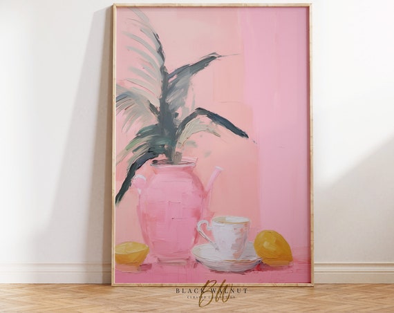 Coquette Art Print Girly Aesthetic Abstract Tea Party Painting Pink Pastel Wall Art Print Kitchen Wall Art