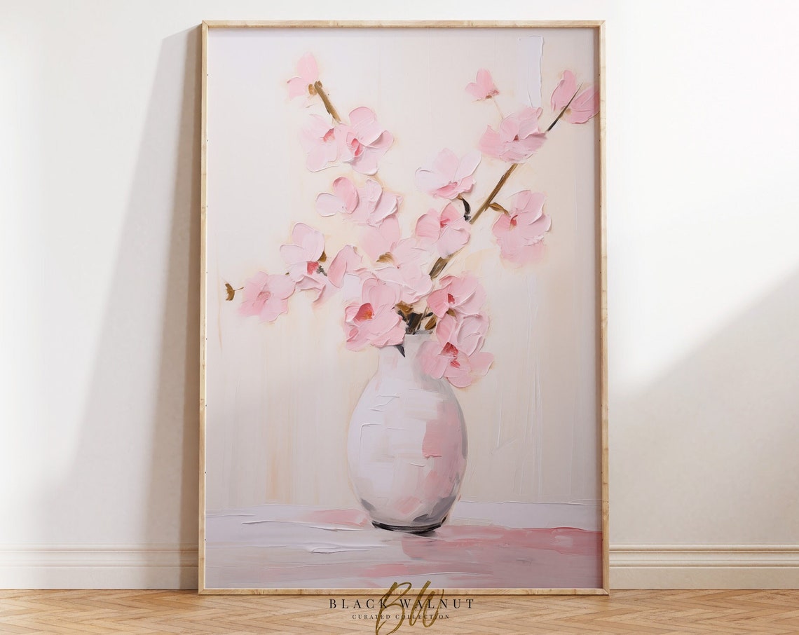 Pink Cherry Blossom Branch White Vase Minimal Floral Still Life Poster