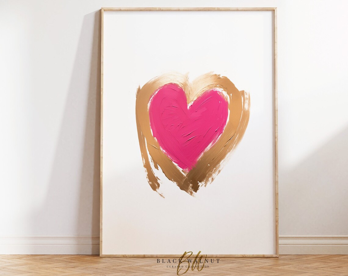 Abstract Pink Heart Gold Brushstrokes Modern Minimalist Art Poster