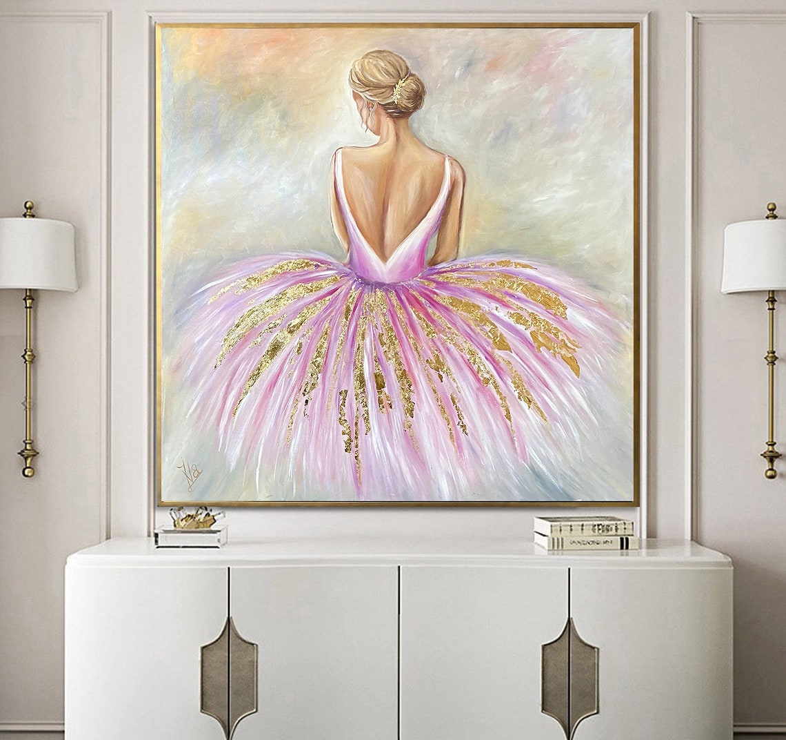 Pink Ballerina Painting Ballet Wall Decor For Girl Sitting Woman Painting Ballerina Artwork For Sale Girl In Pink Dress Painting Art - Image 3