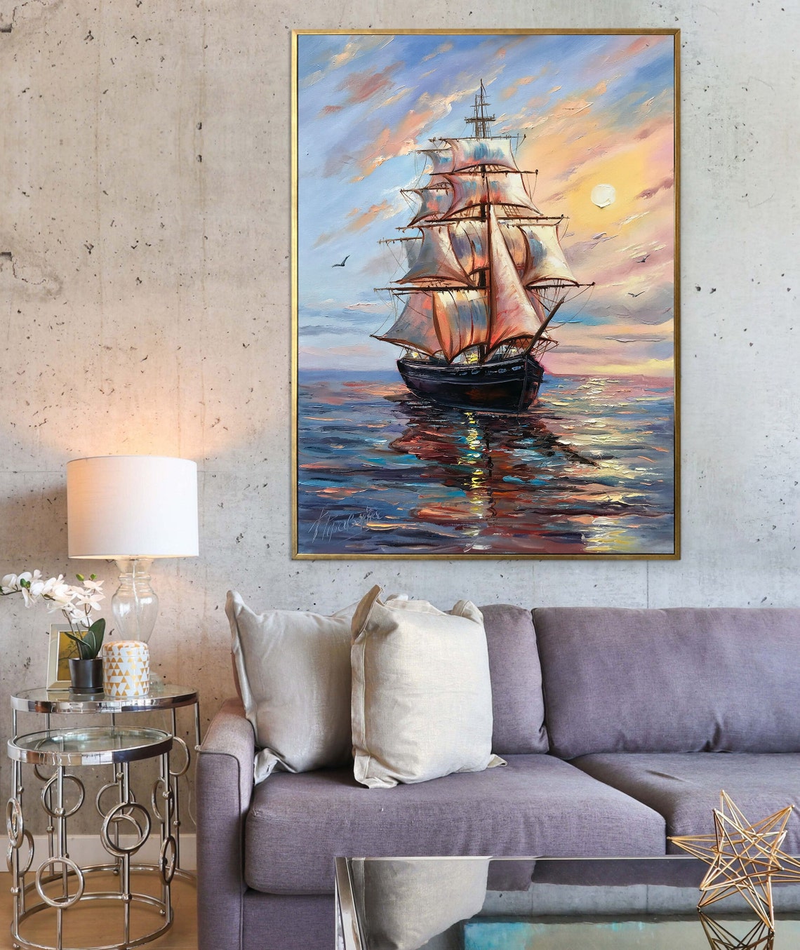 Tall Ship Full Sails Sunset Ocean Voyage Golden Framed Seascape Poster - Image 2
