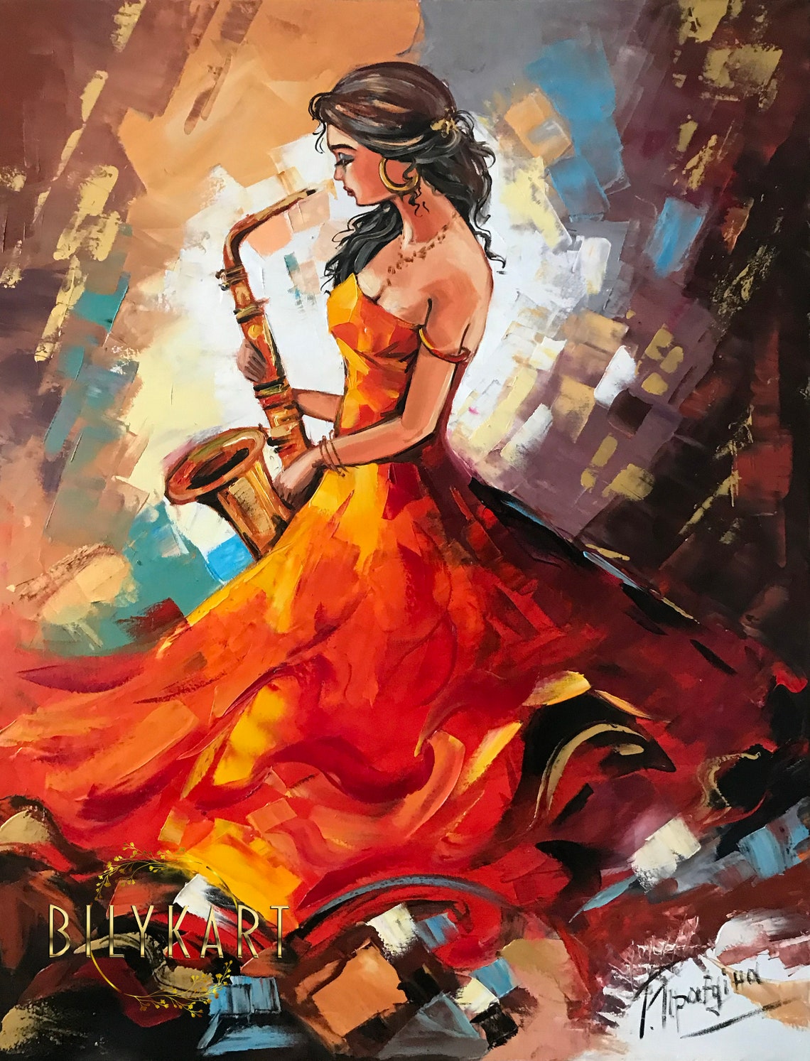 Girl Playing Saxophone Painting Jazz Wall Art Girl In Red Dress Painting On Saxophone Player Gift Original Jazz Woman Oil Painting - Image 3