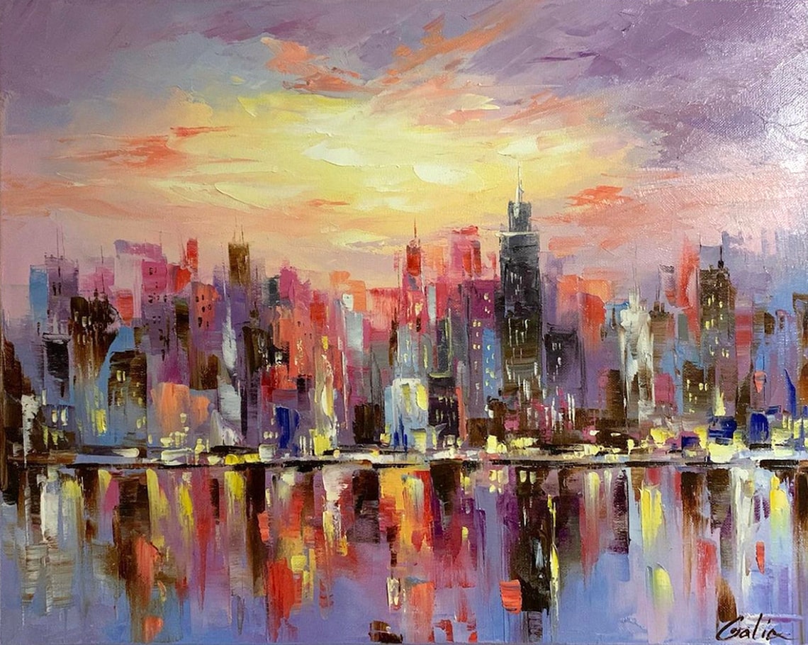 Large Night City Abstract Painting Urban City Scape Painting Extra Large City Modern Wall Art Decor Chicago Skyline Abstract Oil Painting