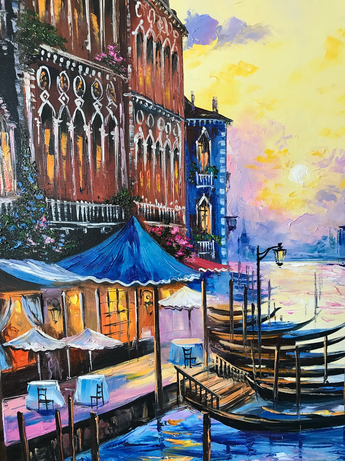 Large Venice Oil Painting Original Italy Art Gondola Oil Painting Venice Artwork Italy Wall Art Gold Sunset In Venice Grand Canal Painting - Image 2