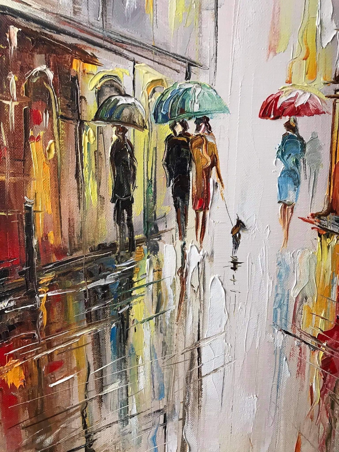Rainy London Oil Painting Original Big Ben Painting On Autumn Rain London Artwork Rainy Day Wall Art People Under Umbrellas Painting - Image 2