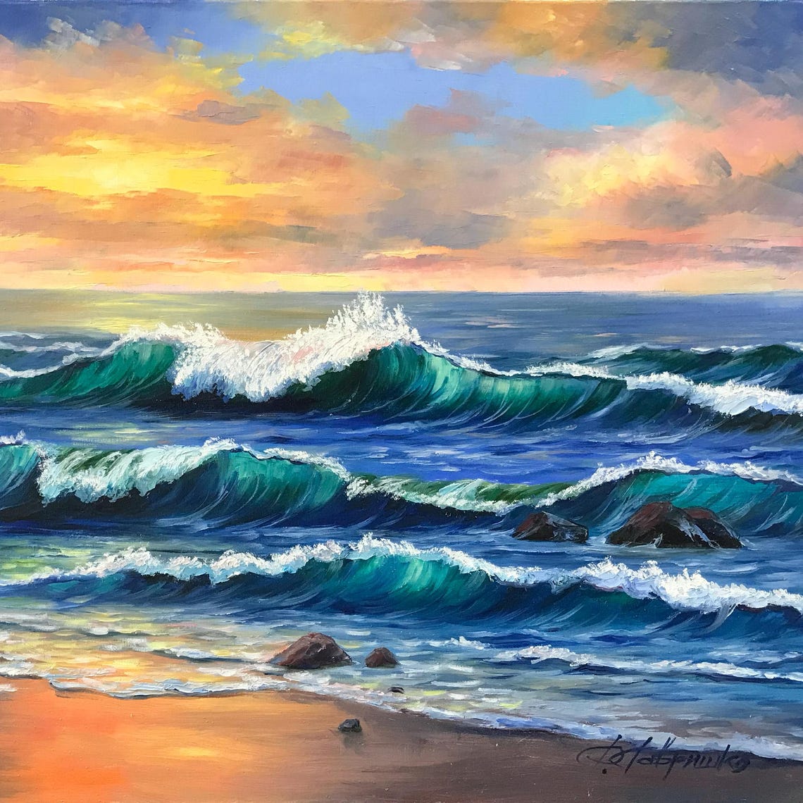 Turquoise Ocean Waves Golden Sunset Beach Seascape Oil Painting Poster - Image 2