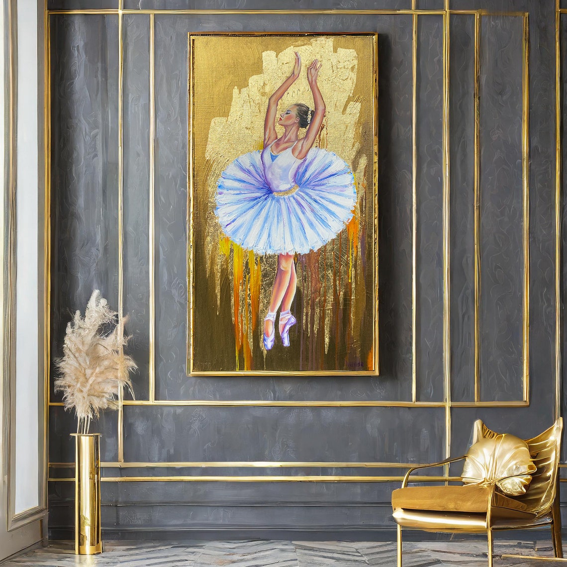 Dancing Ballerina Oil Painting Original Ballet Dancer Art Ballet Paintings Gold Ballerina In White Dress Oil Painting Ballerina Wall Decor - Image 2
