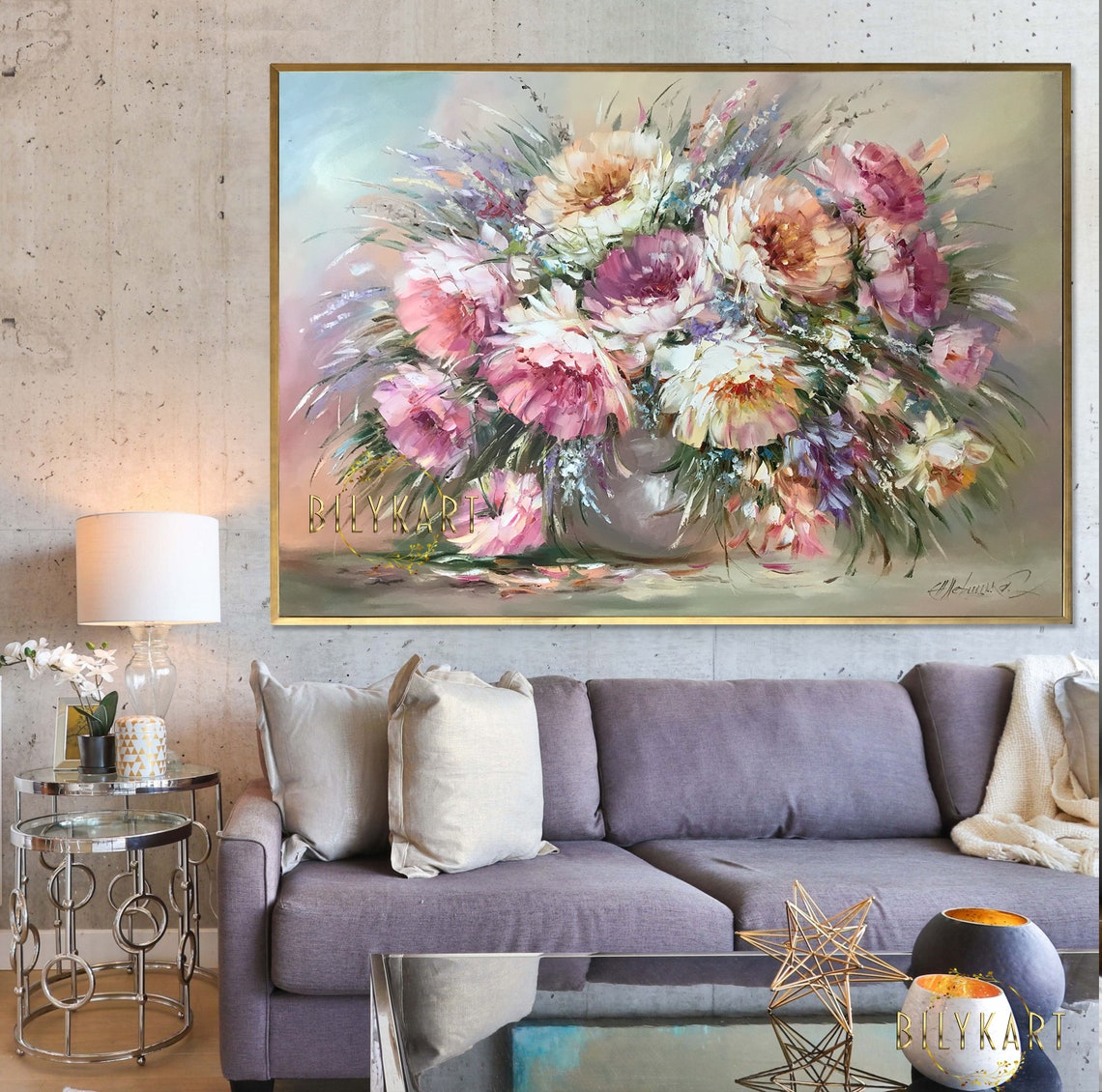 Large Peony Oil Painting On Peonies Wall Art Sage Green Purple Living Room Decor Above Bed Floral Art Original Peony Flower Painting - Image 2