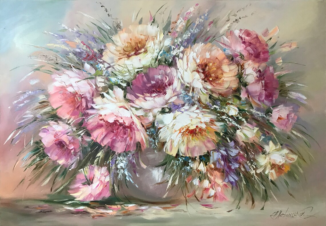Pink Peony Pastel Bouquet Oil Painting Soft Floral Wall Art Poster - Image 3