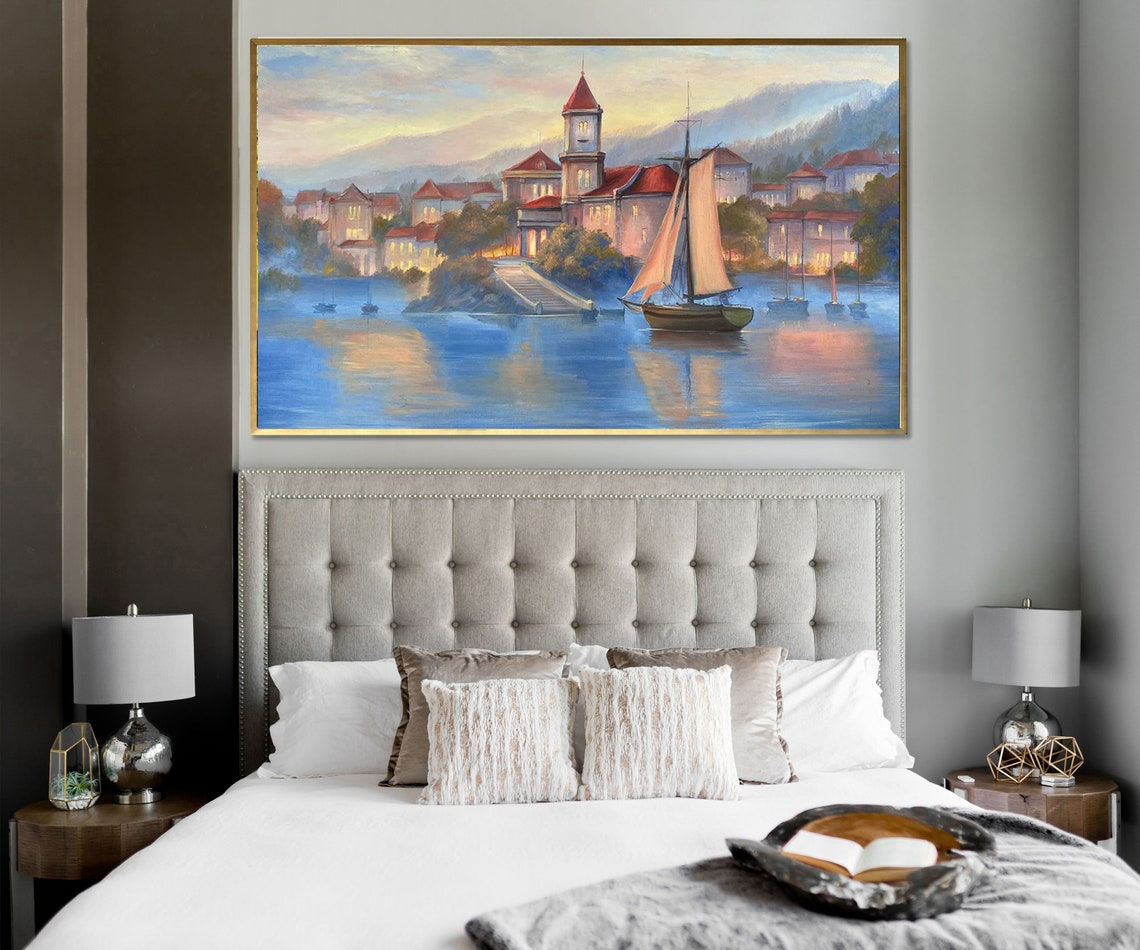 Italian Landscape Painting On Italian Village Oil Painting Original Italy Art Boat In Lake Painting Italian Coast Artwork - Image 3