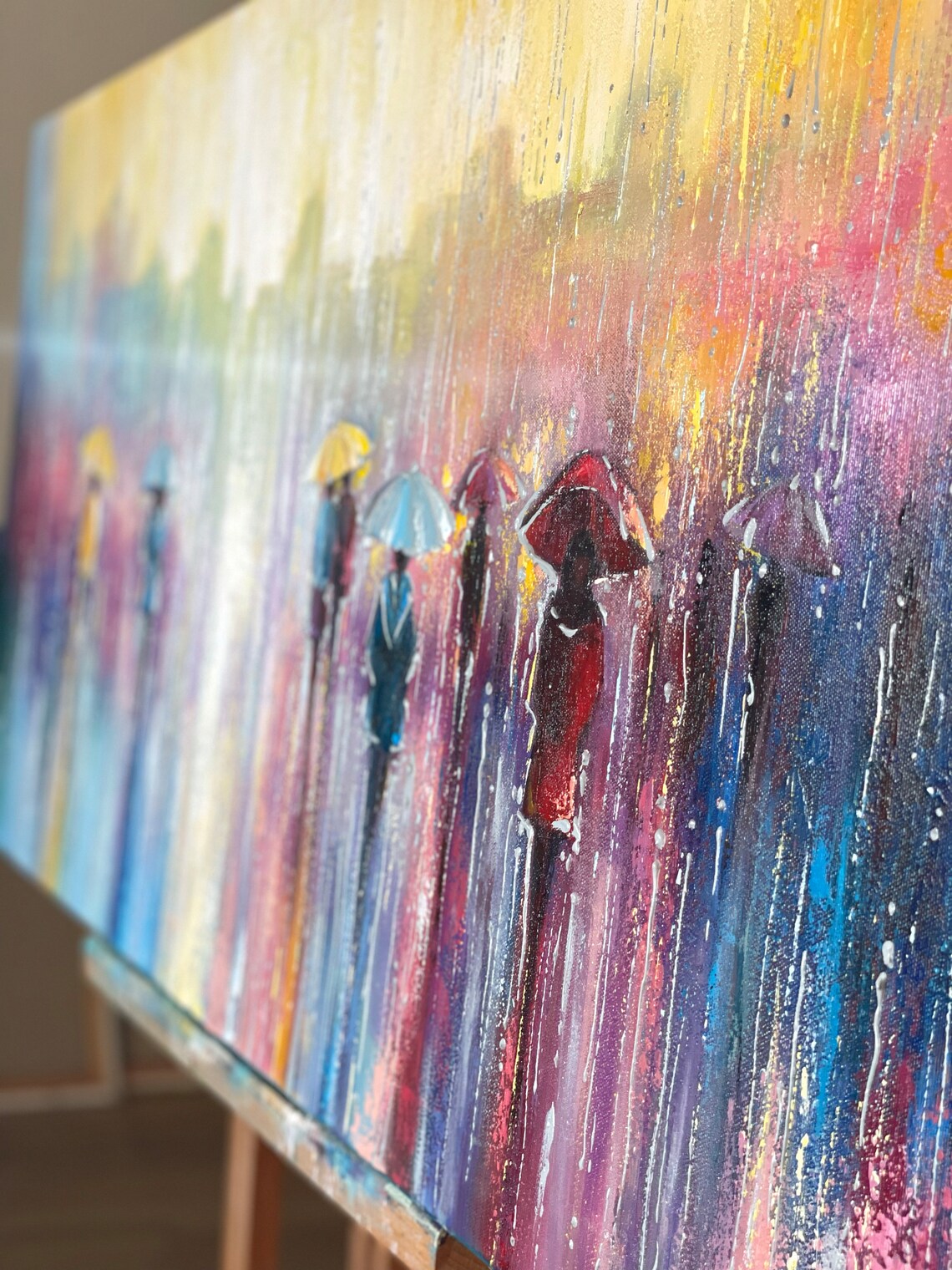 Rainy Day Colorful Umbrellas Abstract City Street Art Painting - Image 2