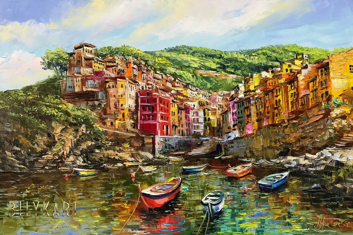 Cinque Terre Painting On Italy Riomaggiore Painting Italian Landscape Art Italy City Painting Italian Coastal Village Oil Painting