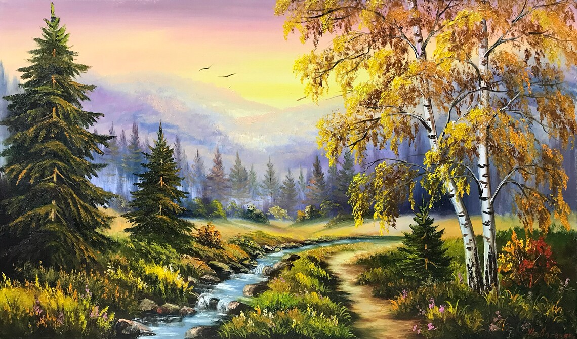 Landscape Amp Scenery Painting Original Sunset Country Landscape Oil Painting Blue Ridge Mountains Wall Art Nature Creek Painting On