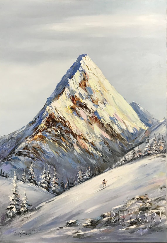 Mountain Everest Oil Painting Original Abstract Mountain Painting Mens Ski Wall Art Ski Painting Himalayan Mountain Painting Art Gift