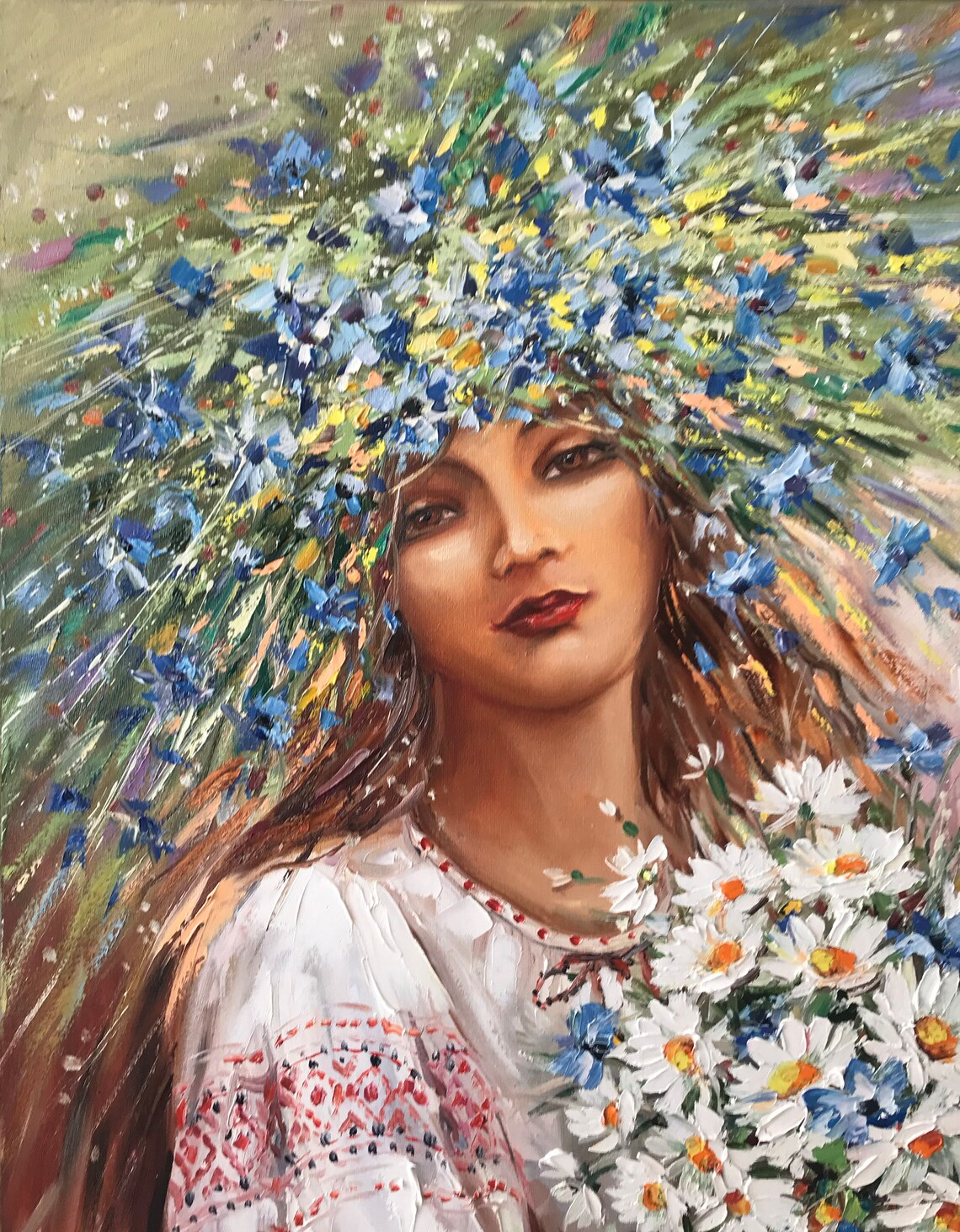 Ukrainian Woman With Flowers, Oil Painting Art Print - Image 2