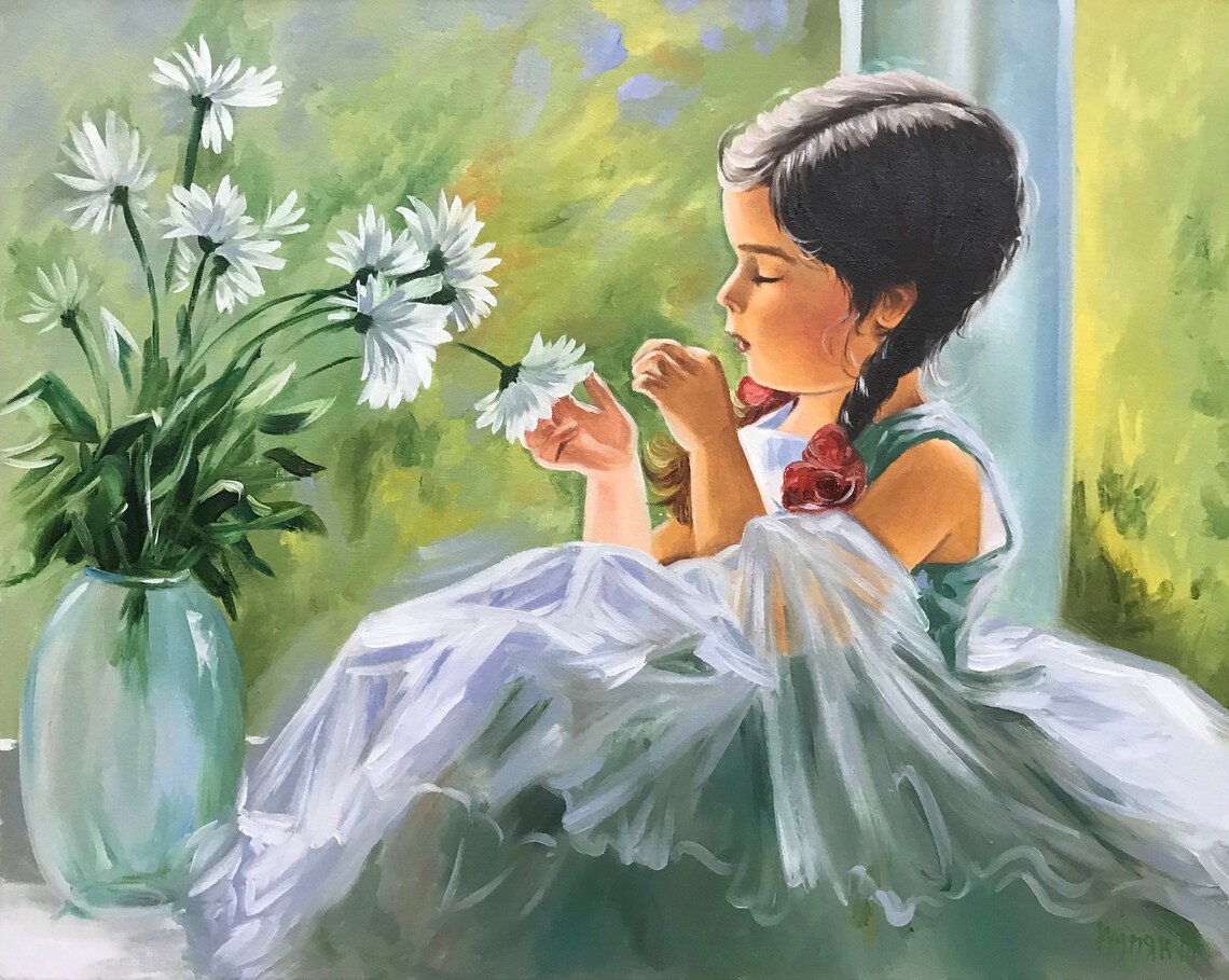 Little Girl Painting with Flowers, Wall Art Print