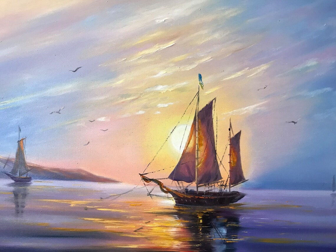Sailboats Sunrise Calm Sea Golden Sky Framed Seascape Ocean Poster - Image 2