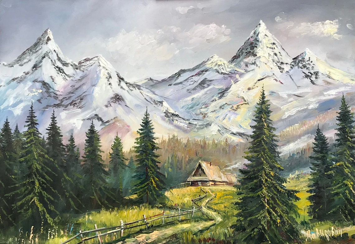 Smoky Mountains Painting Countryside Painting Pine Tree Wall Art Barn Nature Oil Painting Forest Decor Original Ukrainian Plein Air Painting