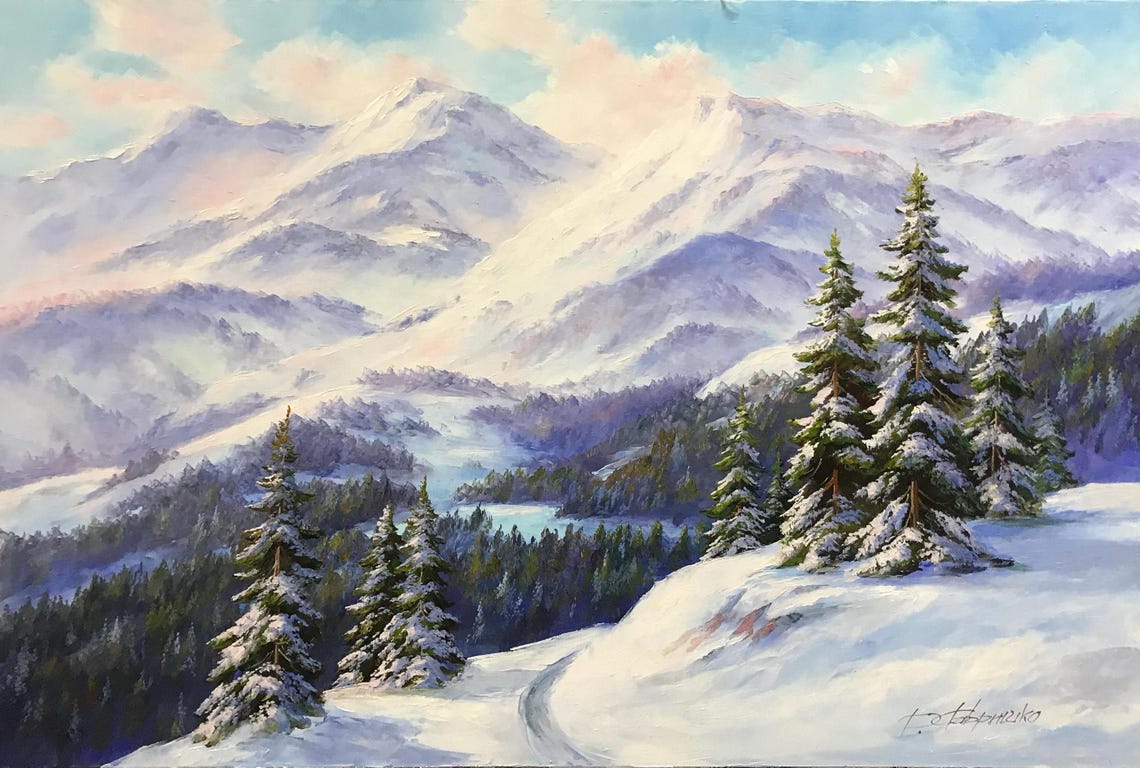 Snowy Mountain Peaks Pine Forest Winter Landscape Travel Poster